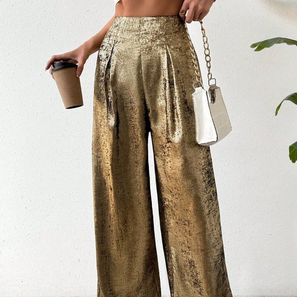 . Pants - Gold Preppy Women's Loose Pleated Wide Leg Pants With Gloss Finish